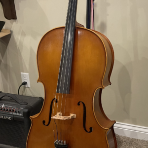 Acoustic cello resting on a Hercules Cello Stand