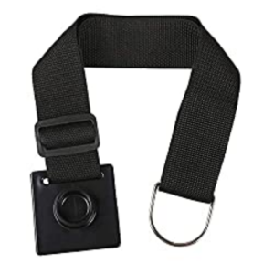 Photo of black nylon strap with a metal ring on one end and a plastic cup to hold a cello endpin on the other