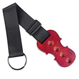 Photo of decorative cello-shaped and -colored endpin holder with strap